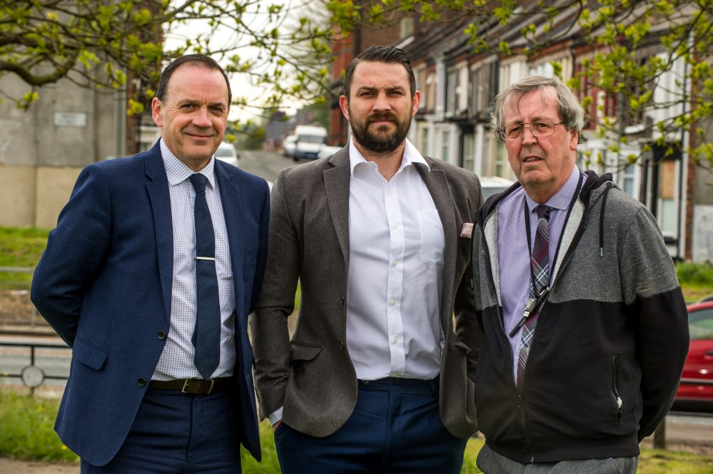 L-R Mark Kitts, Liverpool Foundation Homes; Paul Smith; Cllr Joe Hanson, ward councillor for Kirkdale